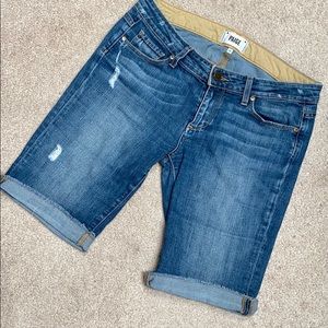 Paige Distress cut offs 34 waist 10”inseam 8” rise.  Vintage low rise fit